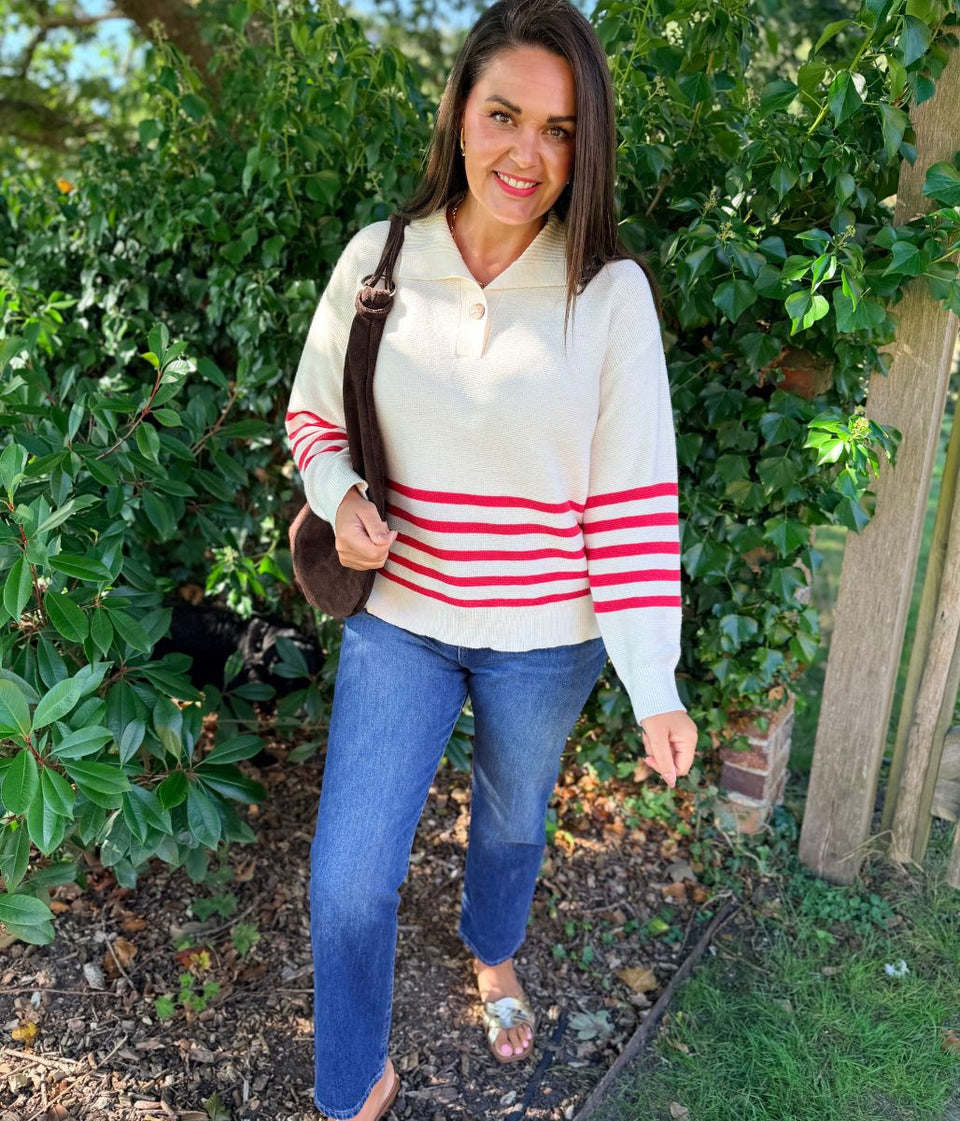 Red Half Striped Collared Jumper