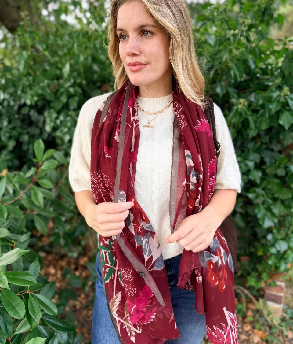 Dark Red Leaf Design Print Scarf