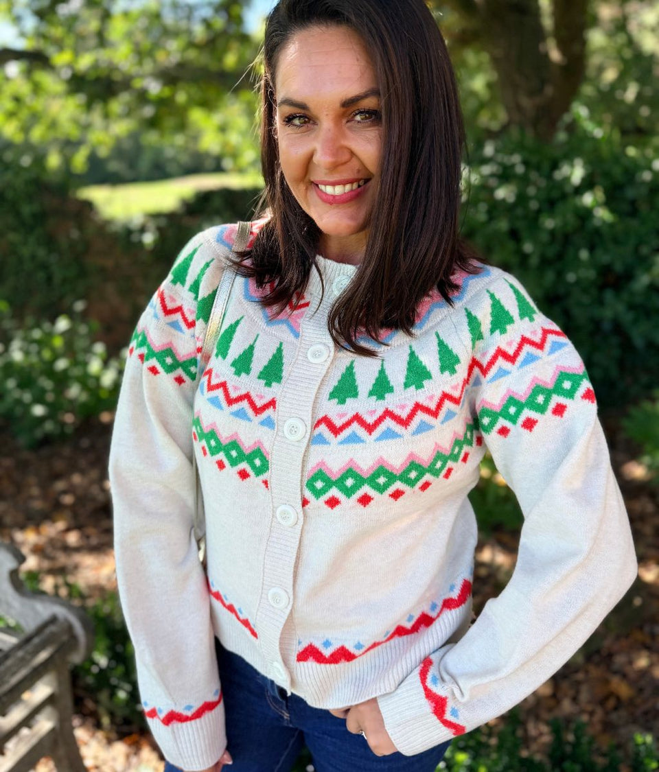 Ecru Knitted Fairisle Christmas Cardigan