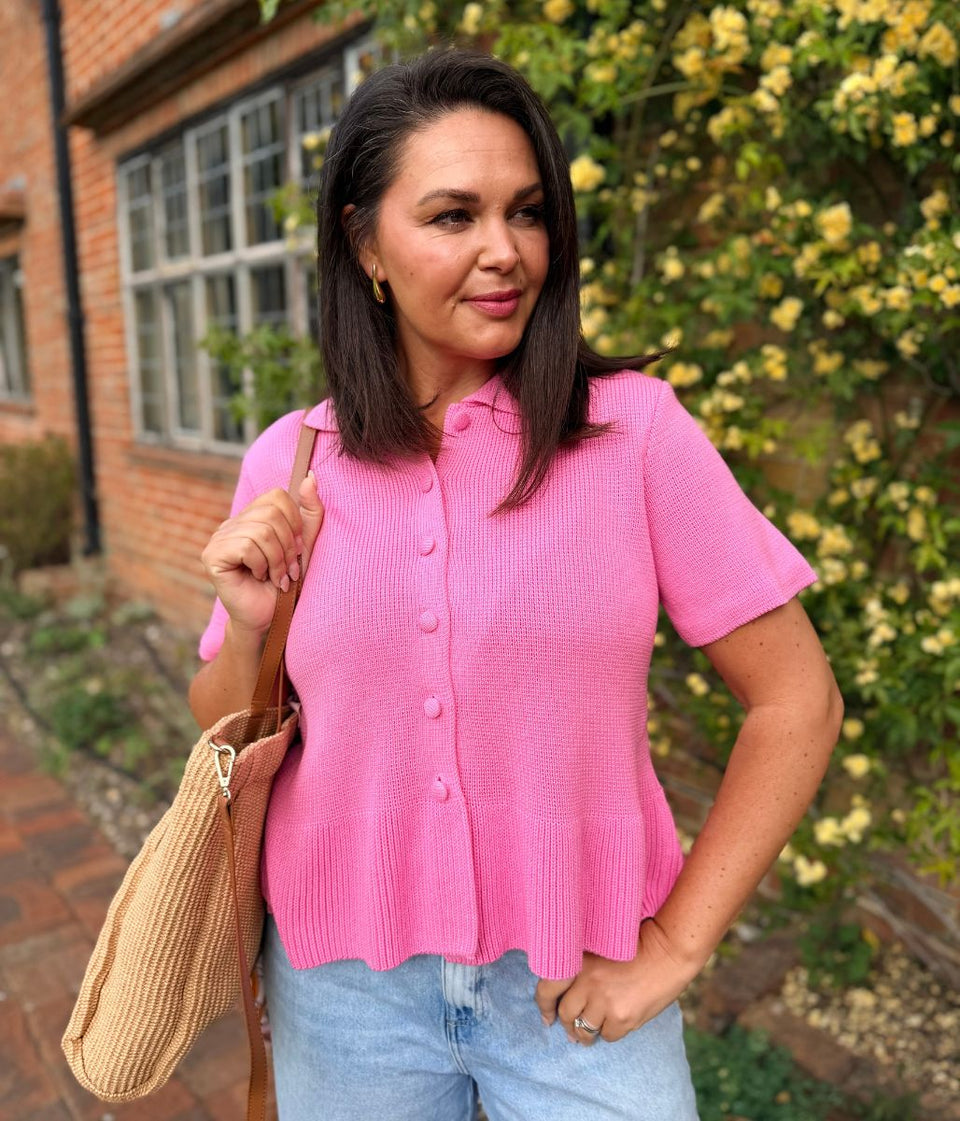 Pink Collared Short Sleeve Peplum Cardigan