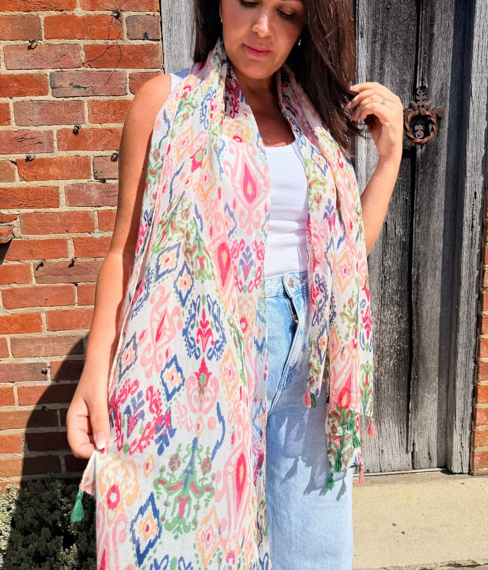 Ikat Print Boho Tasselled Edge Scarf