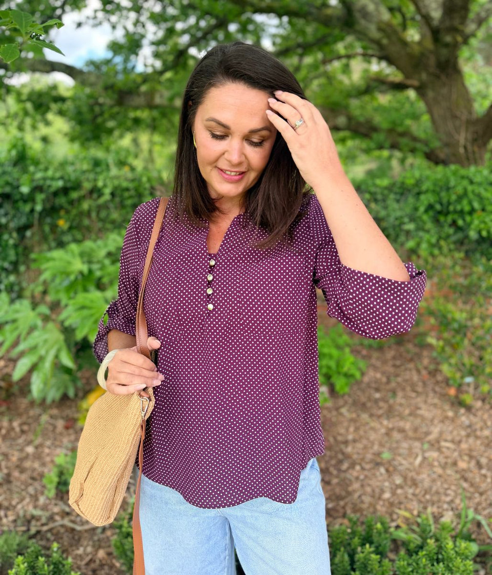 Plum Polka Dot Popover Blouse