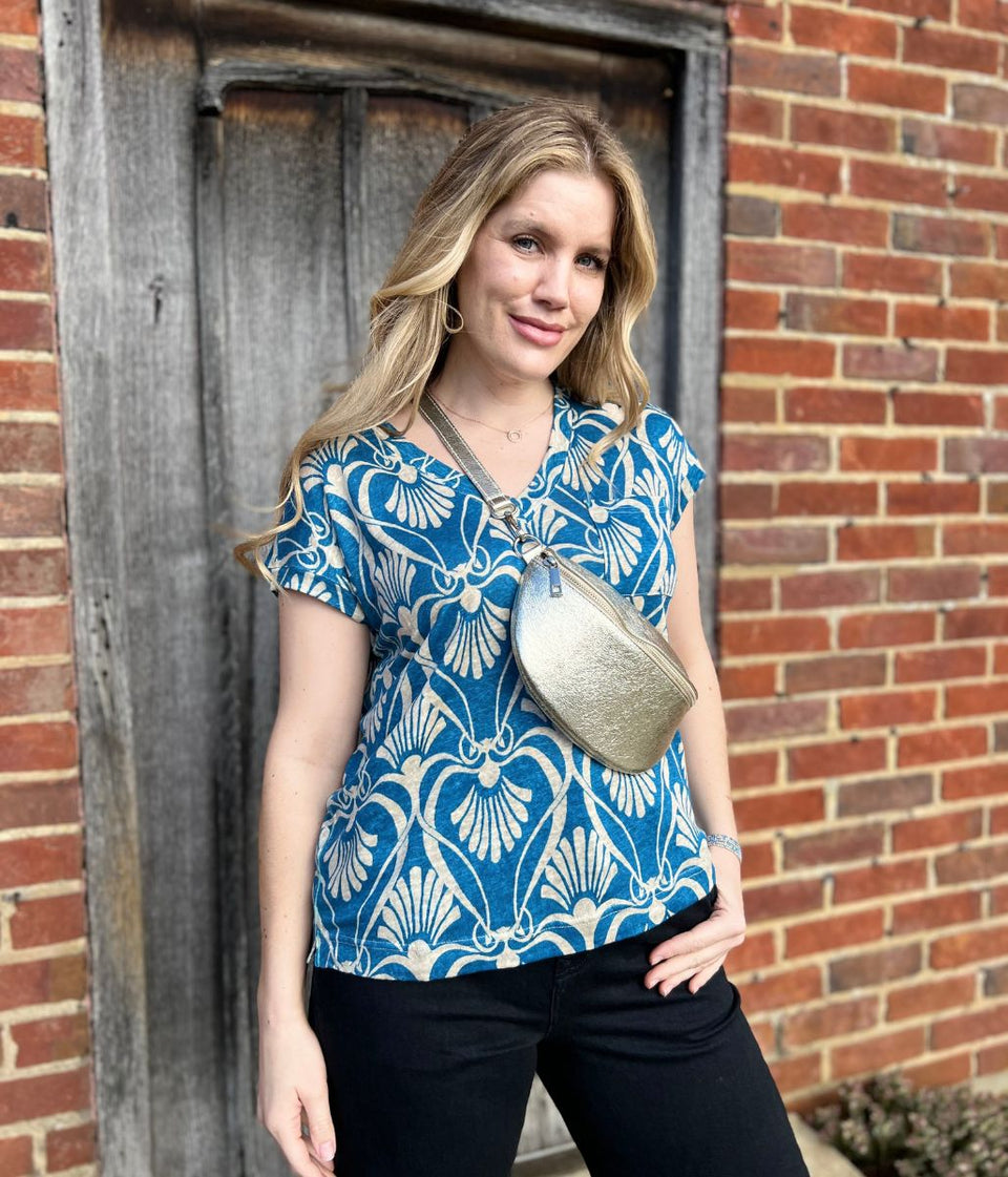 Iris Blue Printed Linen Top