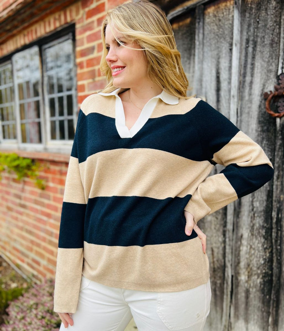 Black & Beige Soft Touch Striped Knitted Rugby Jumper