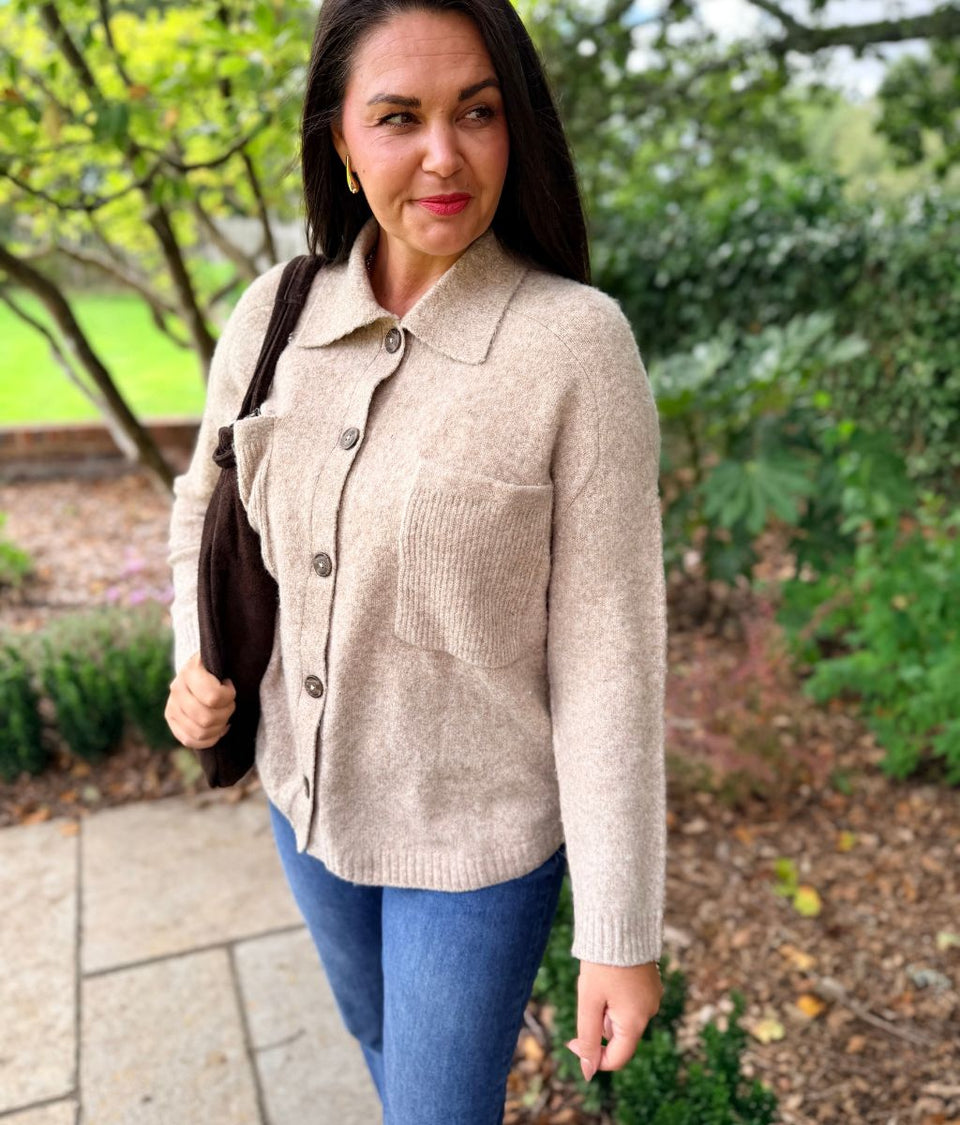 Natural Patch Pocket Collared Cardigan