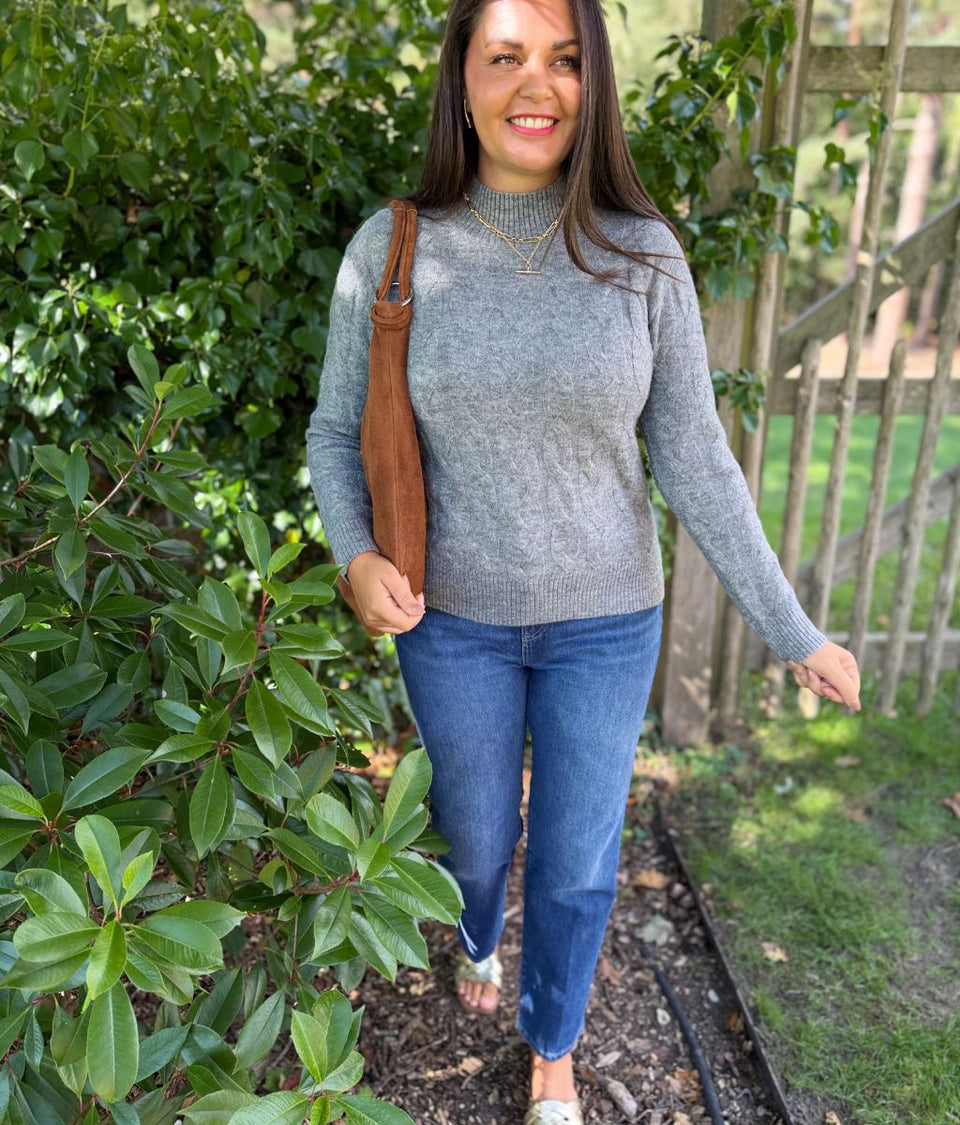 Grey Cable Knit Turtle Neck Jumper