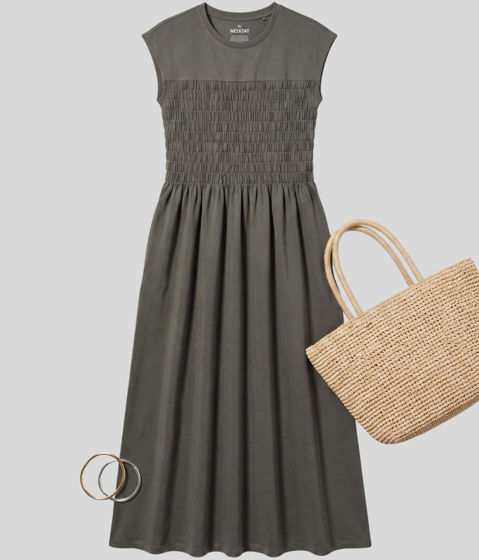 Khaki Shirred Jersey Dress