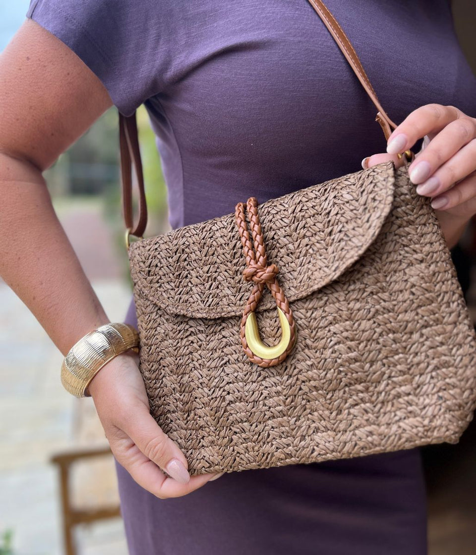 Mocha Cross Body Raffia Messenger Bag