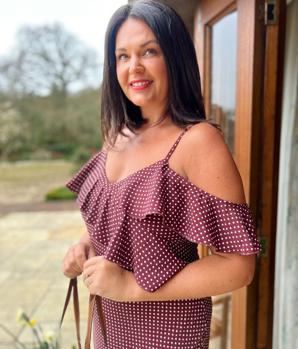 Brown Polka Dot Ruffle Midi Dress