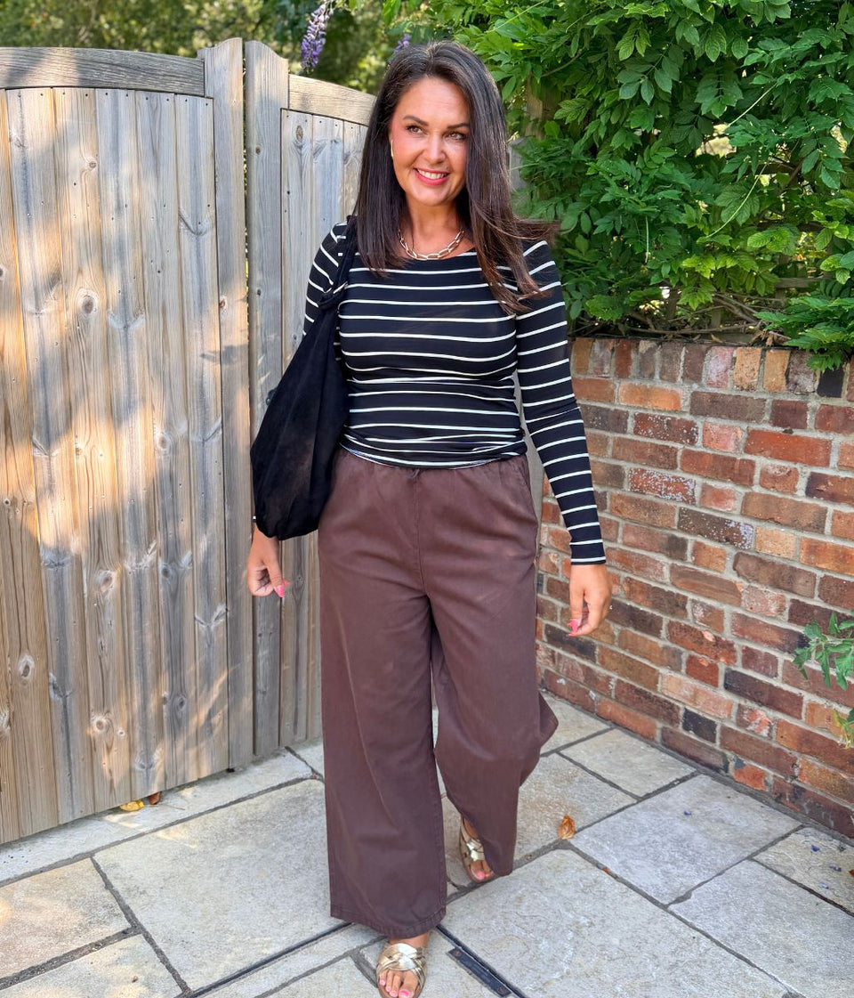 Brown Cotton Rich Drawstring Wide Leg Trousers