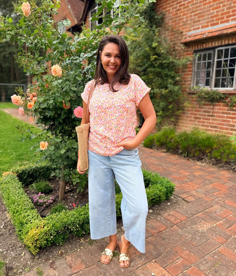 Peach Flower Print Cap Sleeve Top