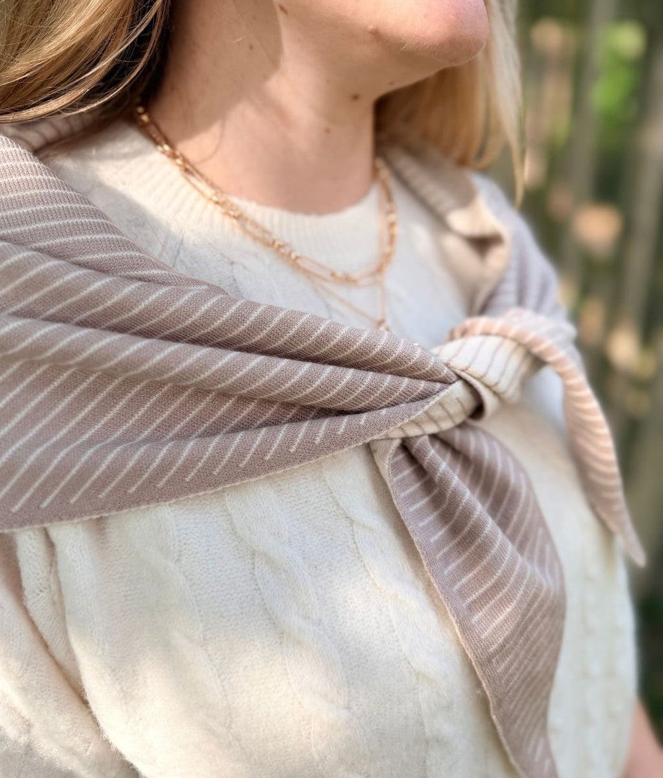 Beige Striped Reversible Triangle Wool Blend Scarf