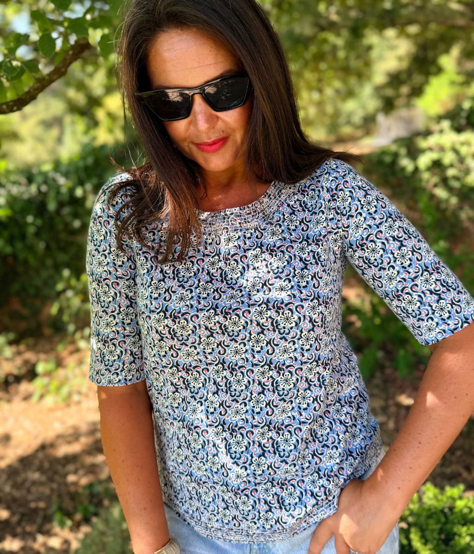 Blue Flower Weaver Jersey Top