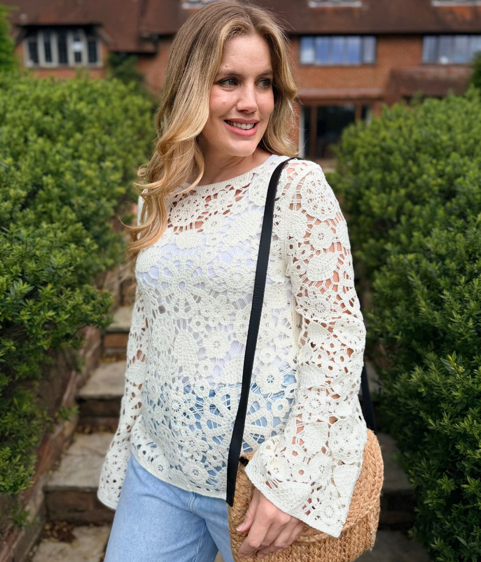 Ivory Floral Crochet Bell Sleeve Top