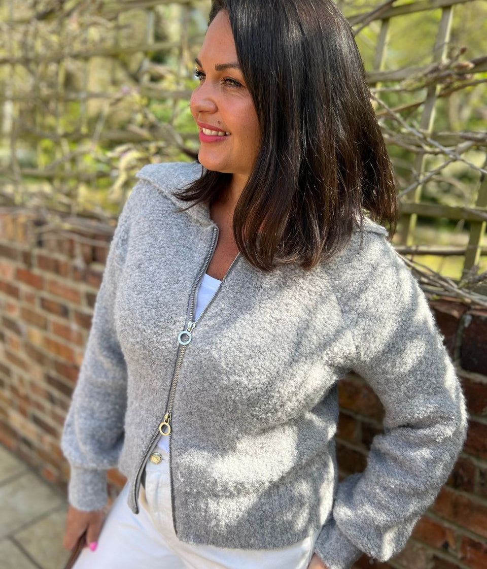 Grey Boucle Wool Blend Zip Up Jumper