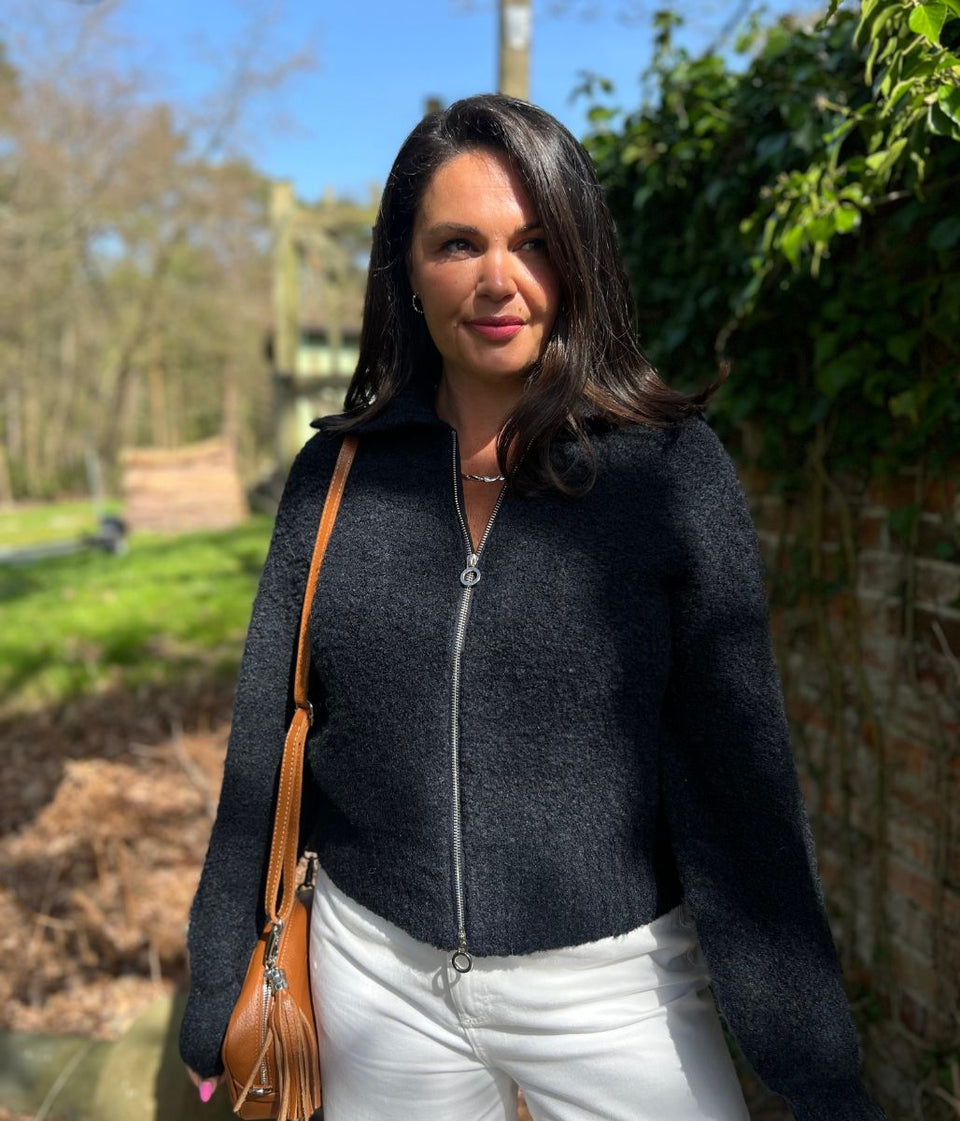 Navy Boucle Wool Blend Zip Up Jumper