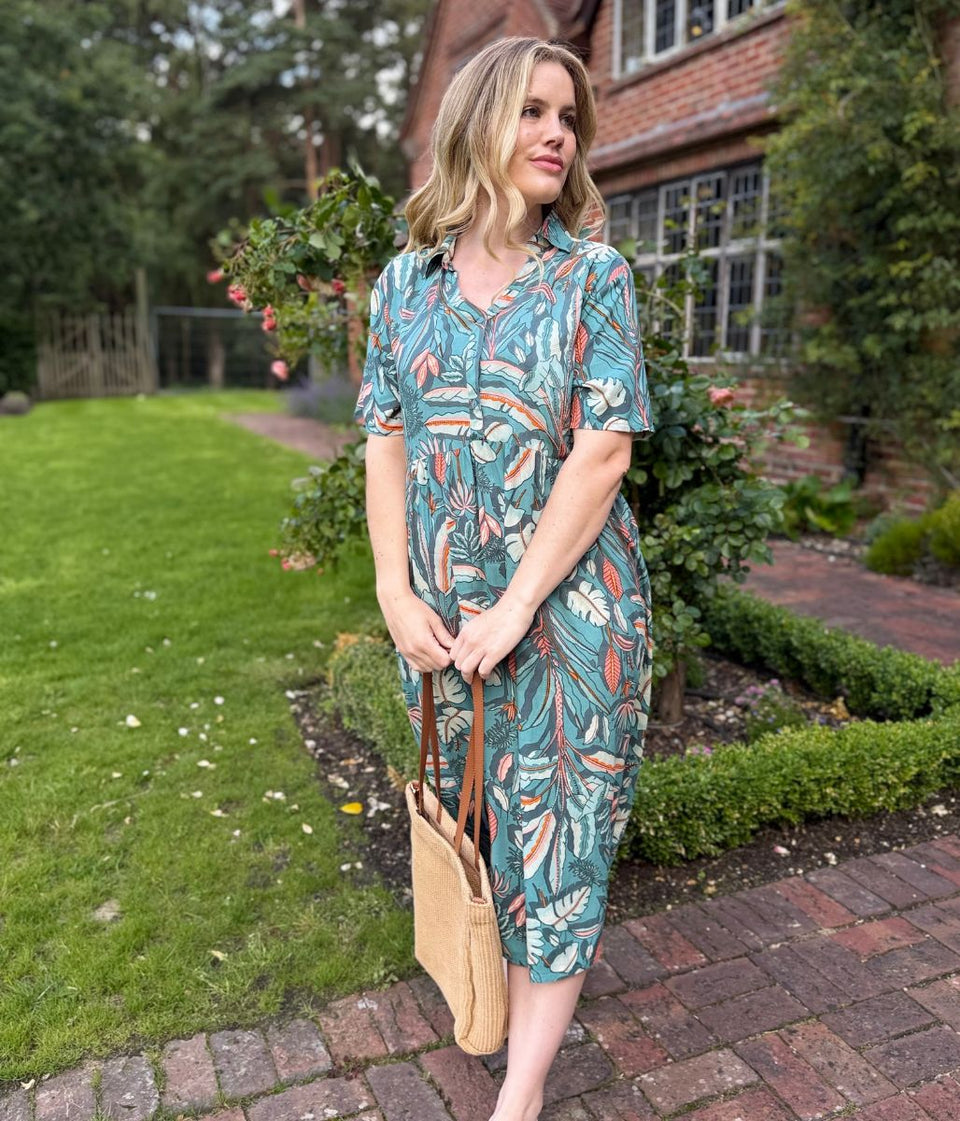 Sage Green Tropical Leaf Dress