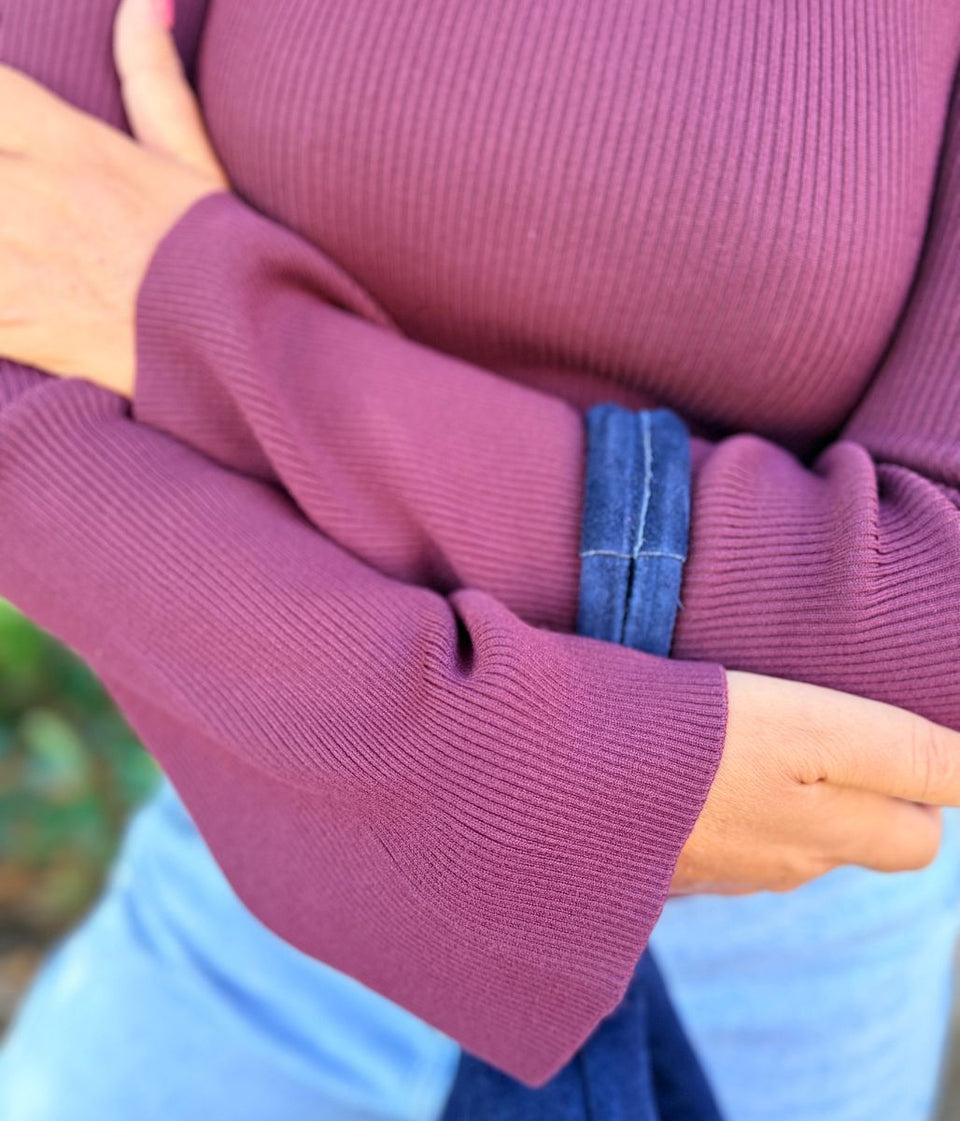 Burgundy Flute Sleeve Ribbed Jumper