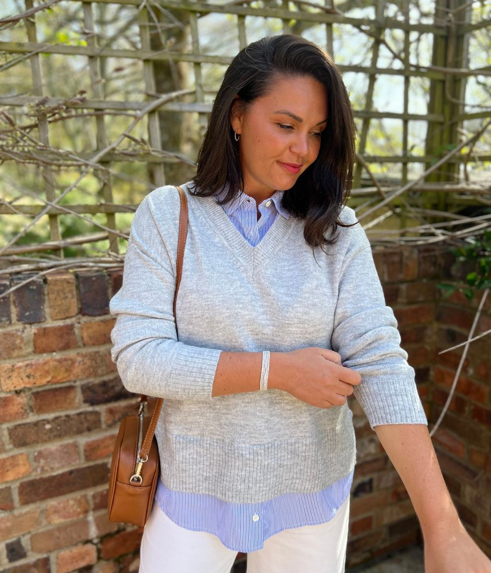 Grey V Neck Mock Shirt Jumper