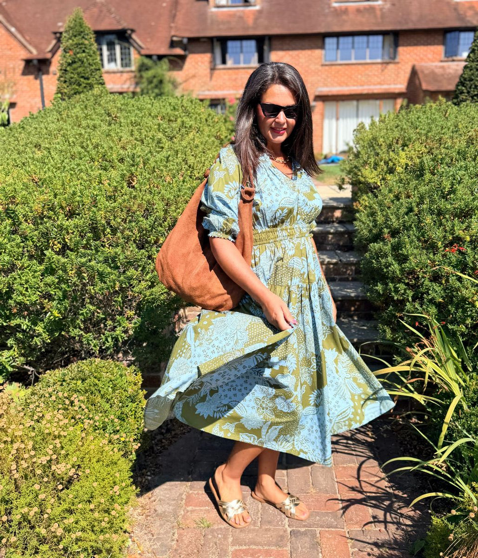 Green Flower Print Waisted Midi Dress