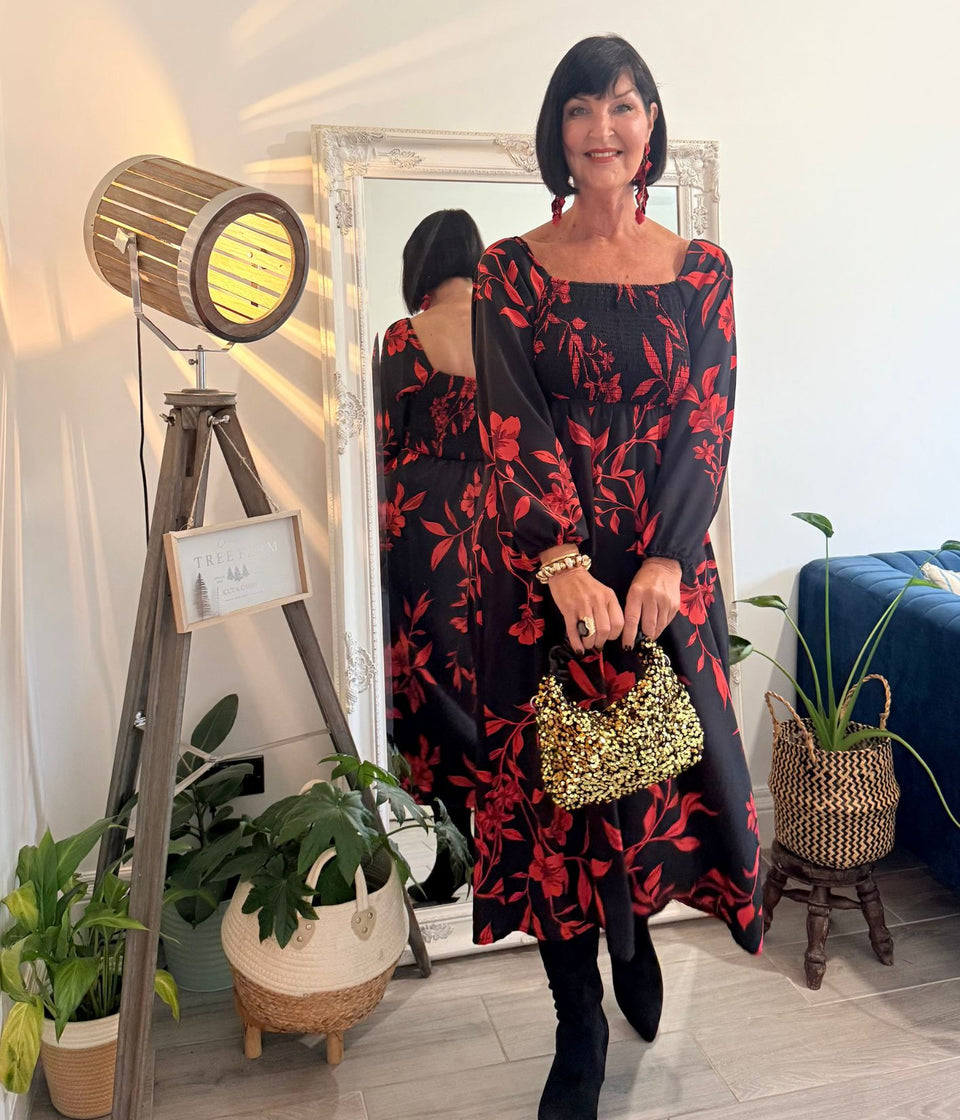 Red & Black Print Shirred Midi Dress