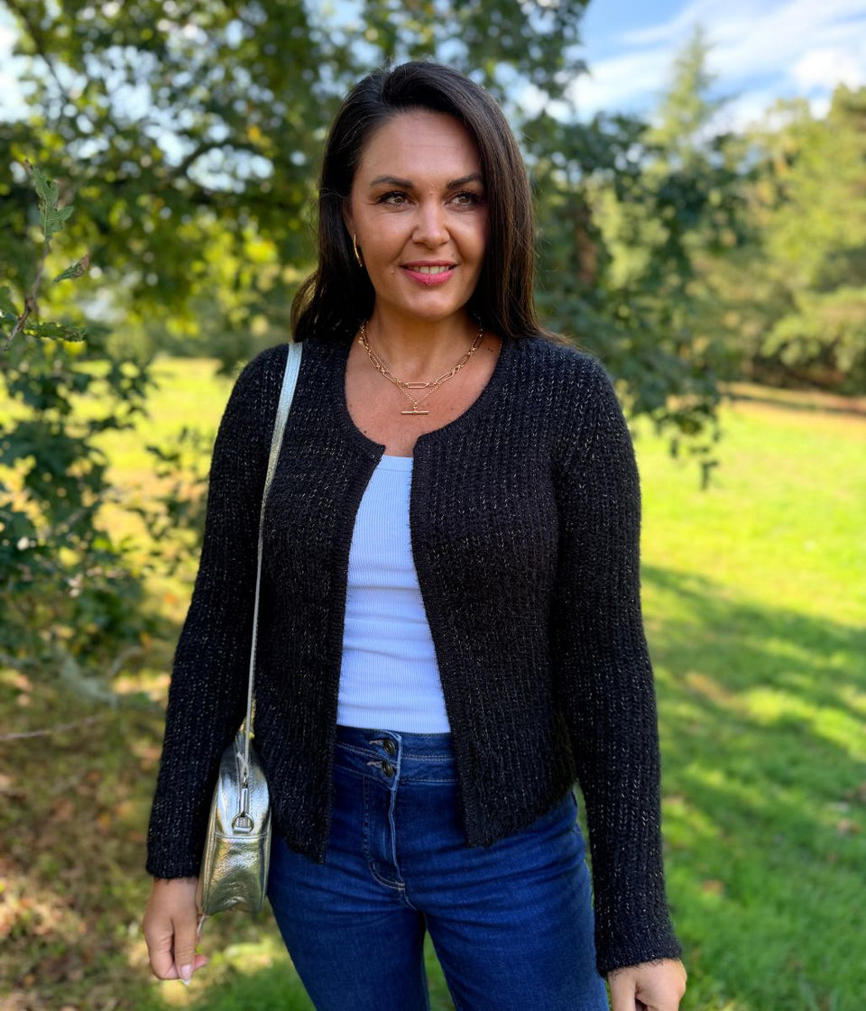 Black Sparkle Knit Open Cardigan