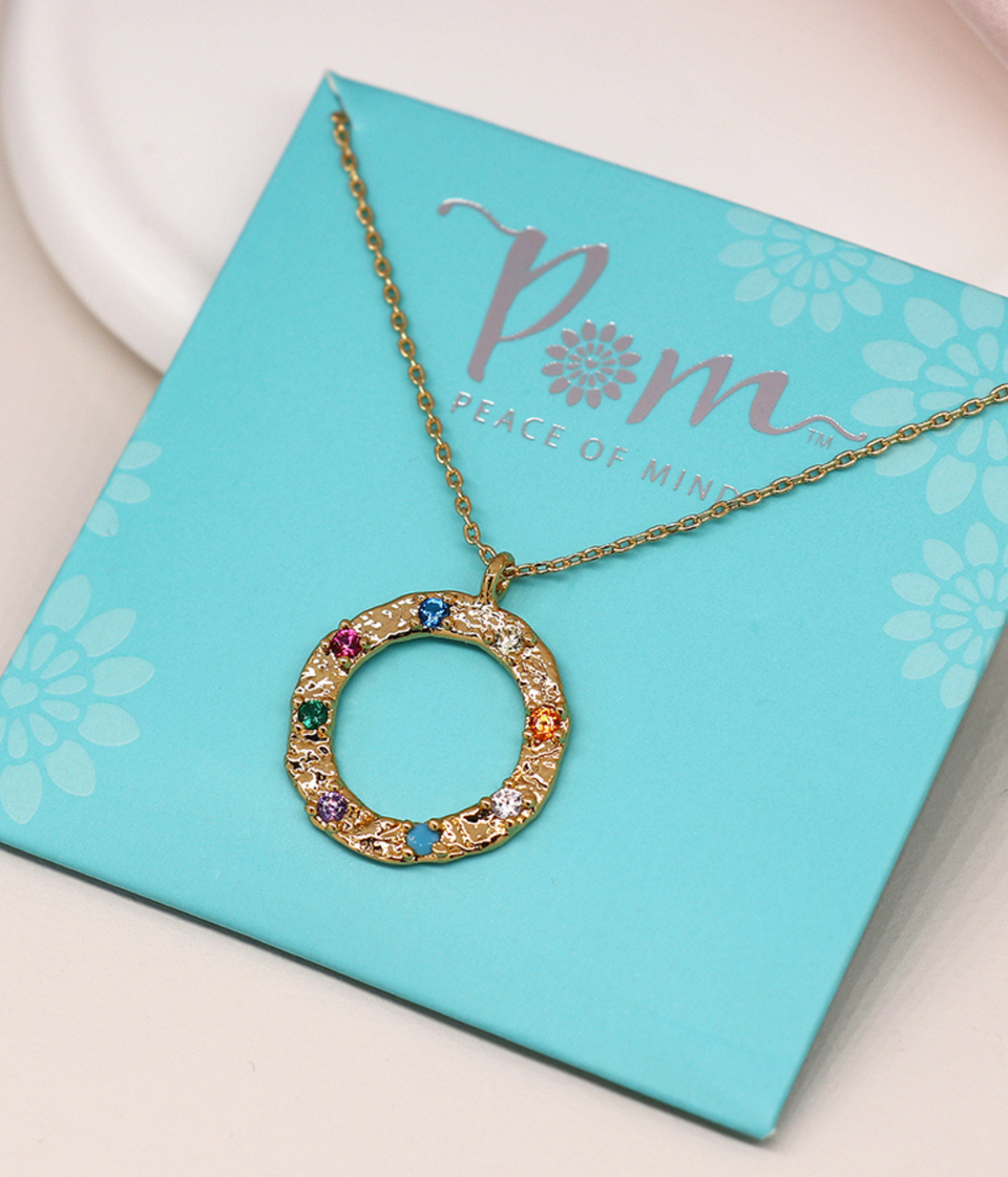 POM Gold Textured Necklace with Multicoloured Crystals