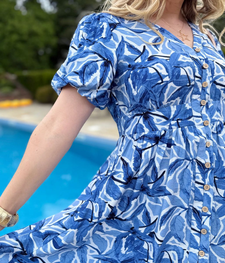 Blue Daia Button Through Midi Dress