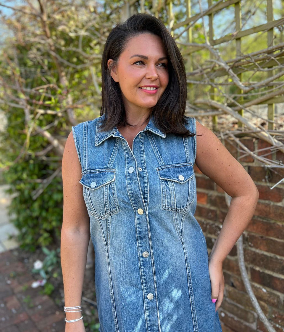Sleeveless Denim Button Through Midi Dress