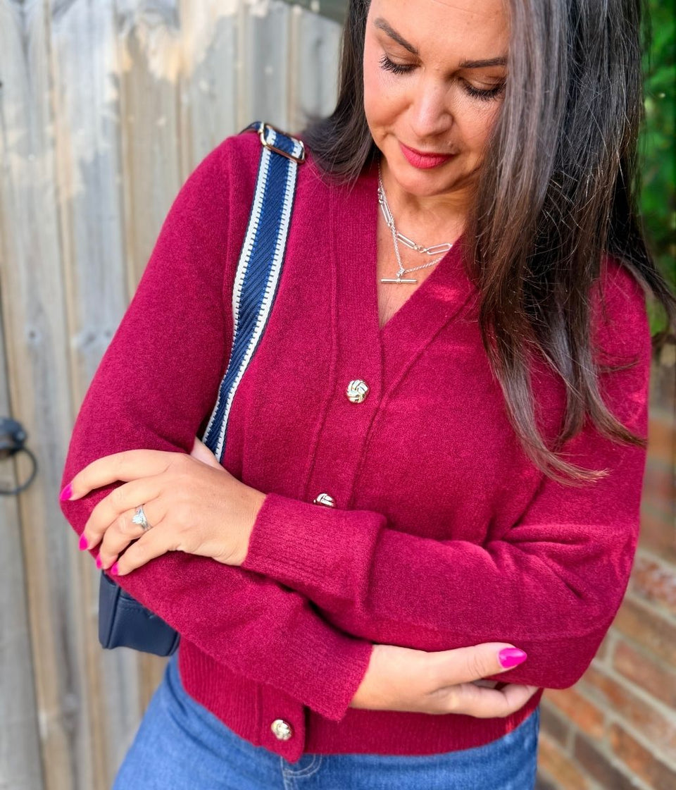 Burgundy Silver Knot Button Cardigan