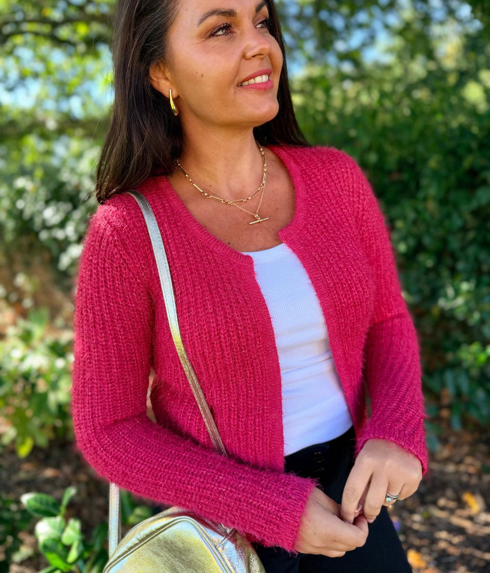 Bright Pink Sparkle Knit Open Cardigan