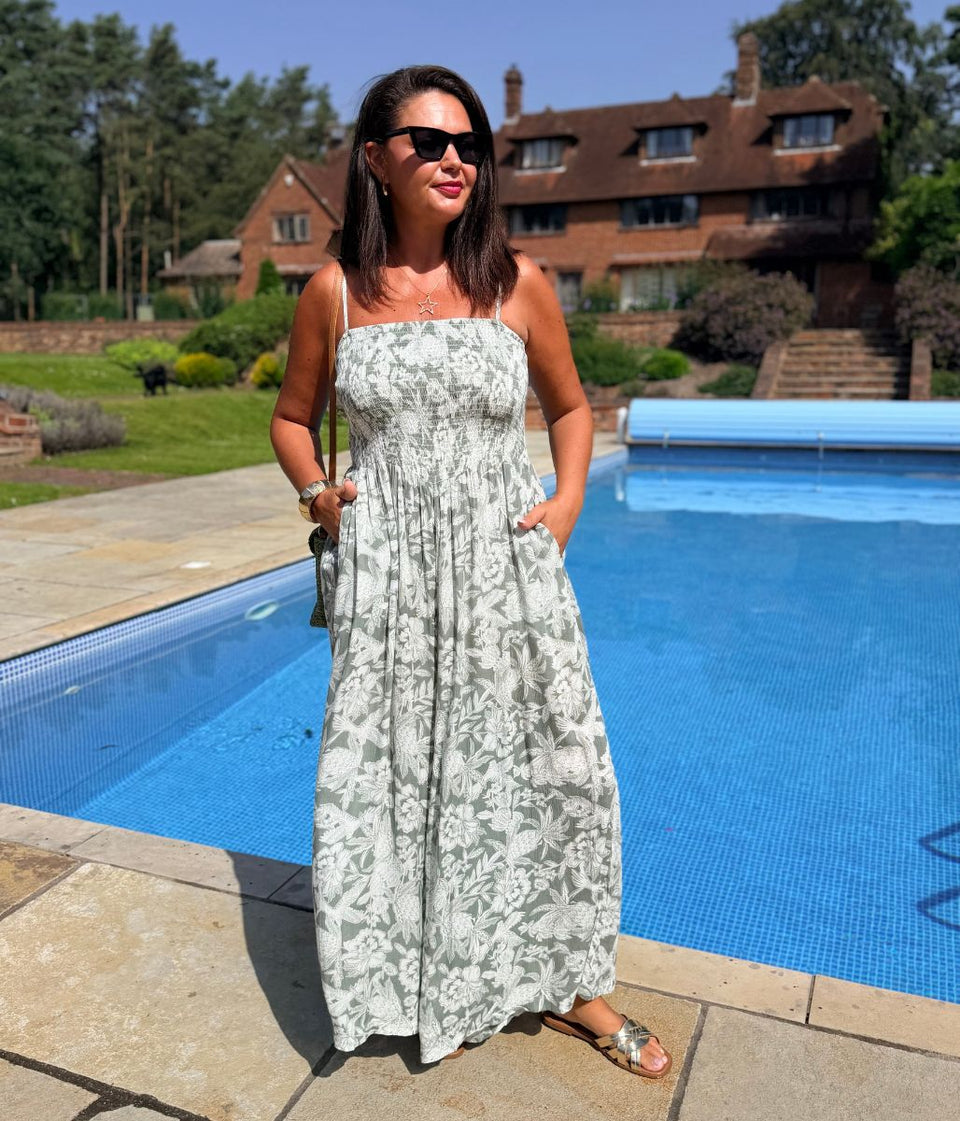 Sage Green Shirred Strappy Jumpsuit