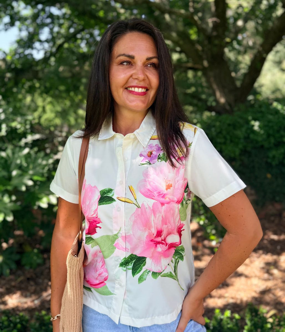 Pink Floral Short Sleeve Silky Shirt