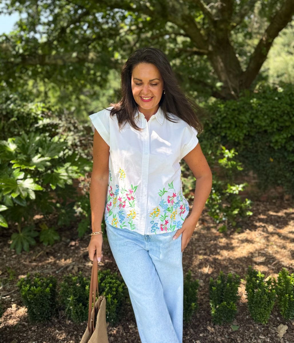 White Floral Embroidered Sleeveless Shirt