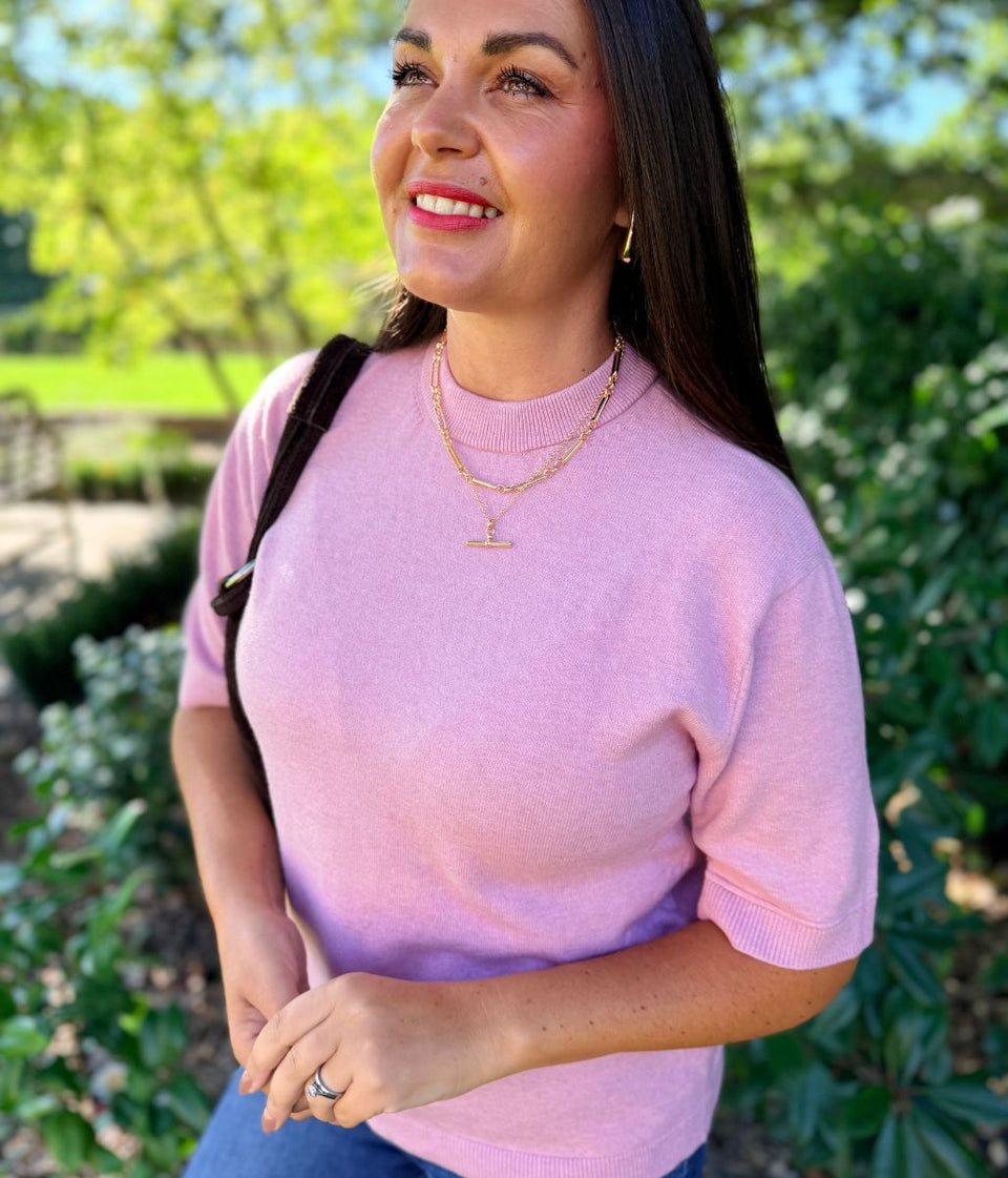 Rose Pink Air Yarn Short Sleeve Crew Neck Jumper