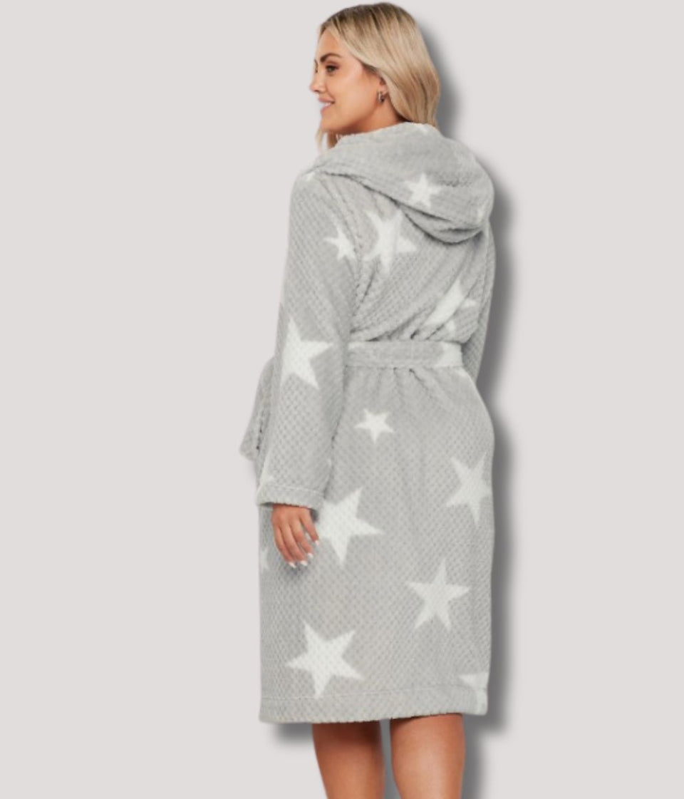 Grey Cosy Star Print Hooded Dressing Gown