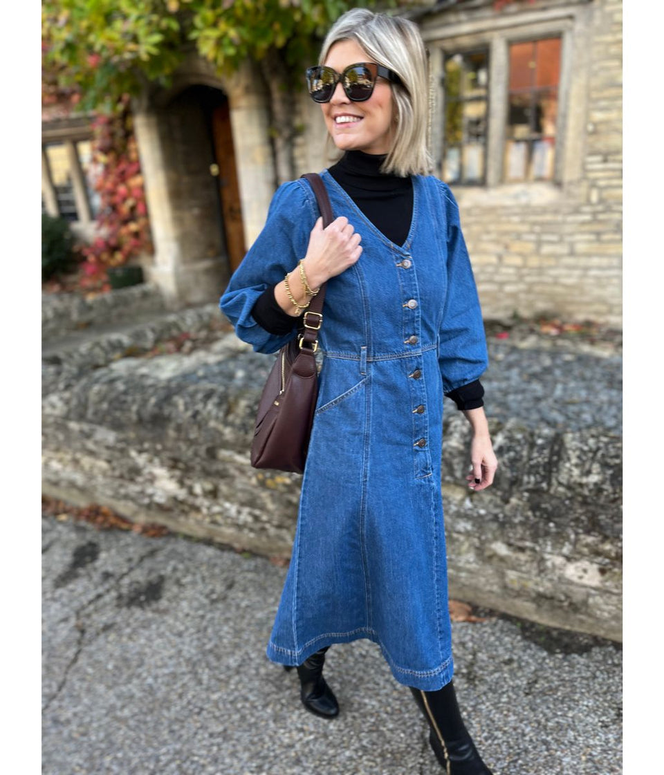 V Neck Denim Midi Dress with Pockets