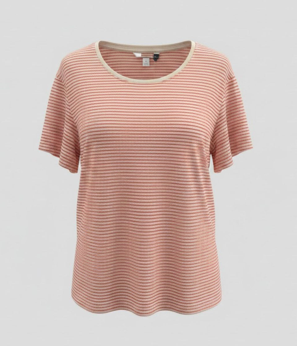 Orange Striped Linen Blend Crew Neck Top