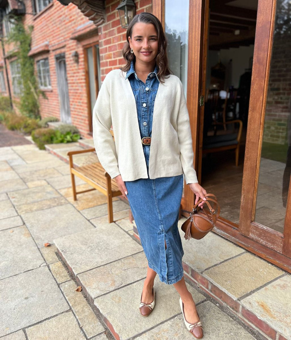 Stylish Edge-to-Edge Ivory Cotton Rich Cardigan