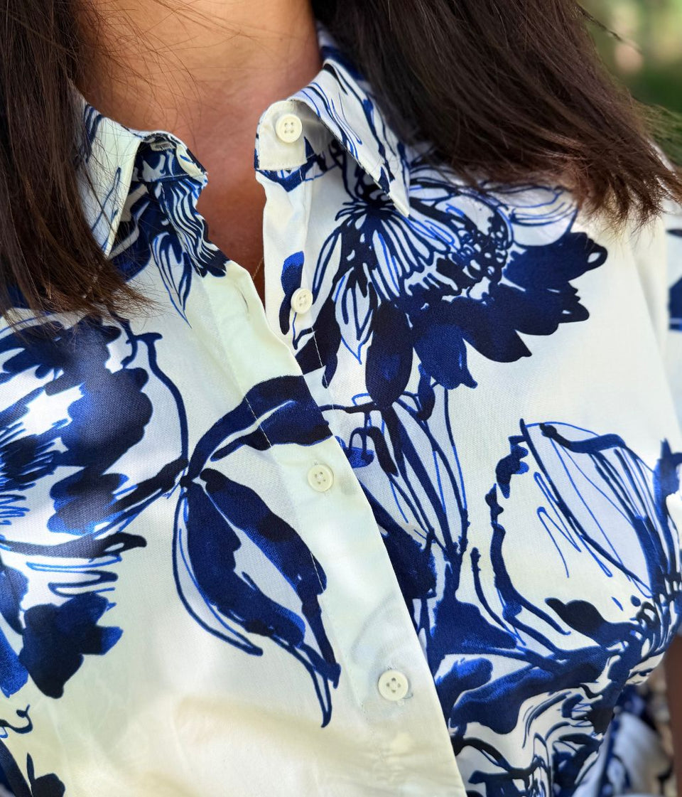 Navy Floral Midi Shirt Dress