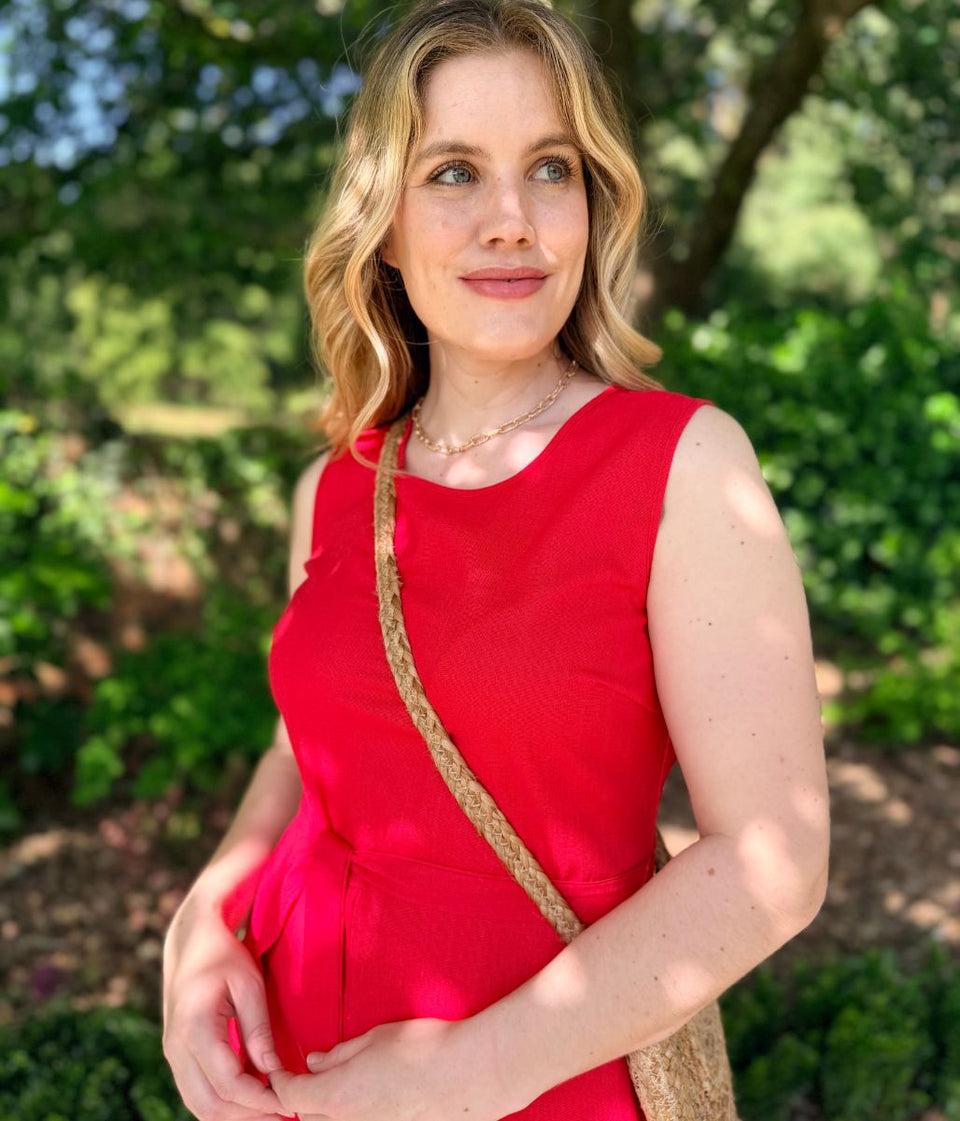 Red Sleeveless Belted Linen Blend Midi Dress