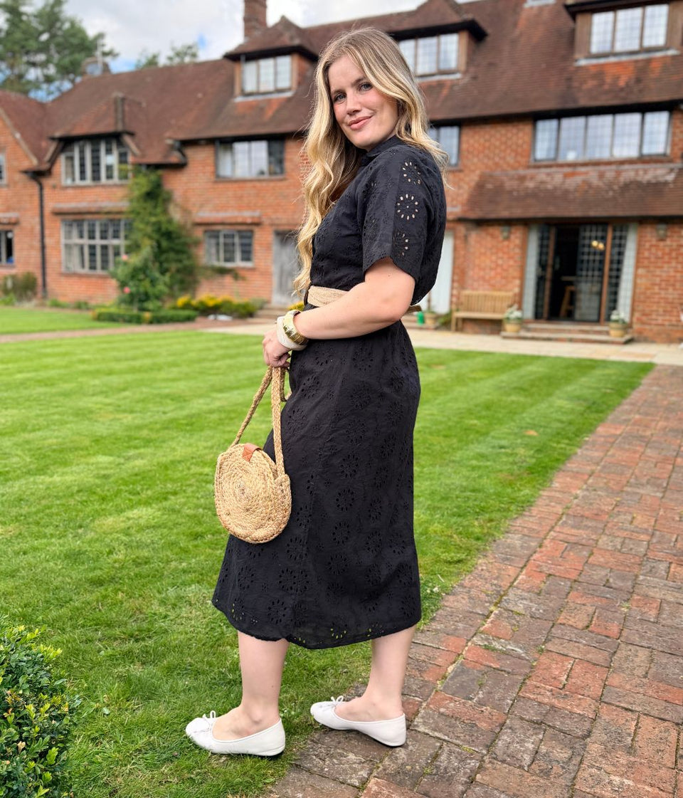 Black Belted Broderie Anglaise Shirt Dress