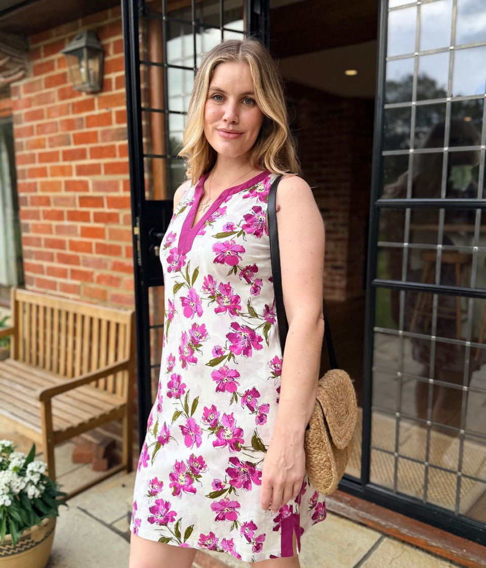 Purple Floral Jersey Notch Neck Dress