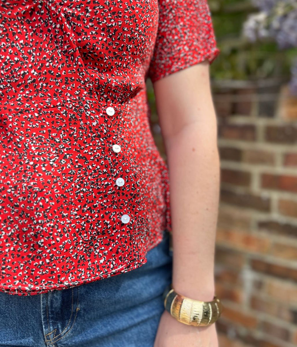 Red Ditsy Print Wrap Blouse