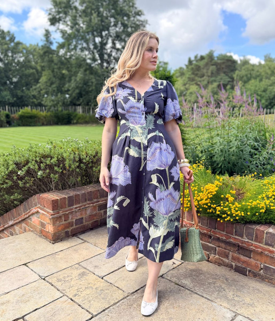 Navy Floral Linen Blend Puff Sleeve Midi Dress