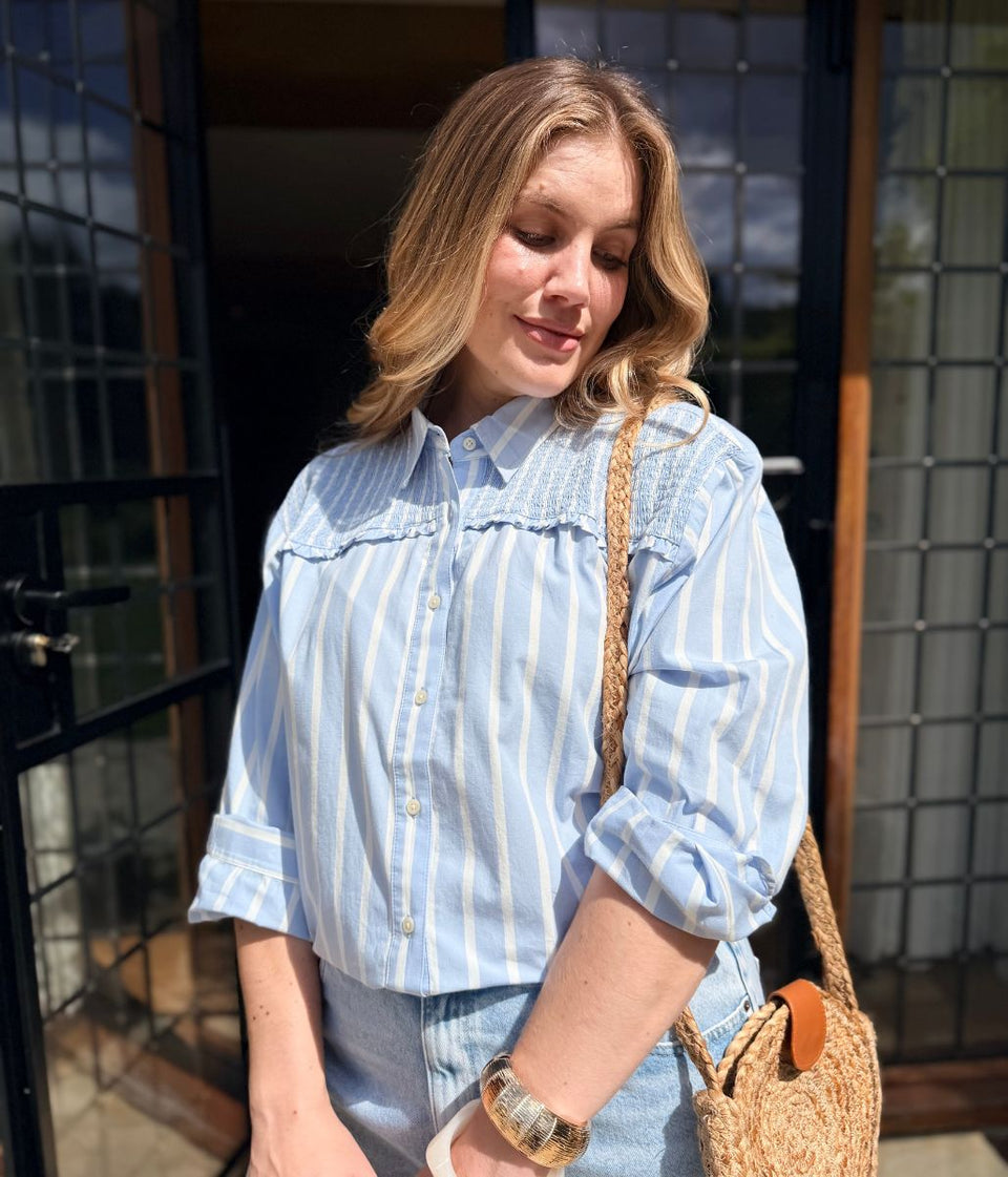 Blue Pure Cotton Shirred Striped Shirt