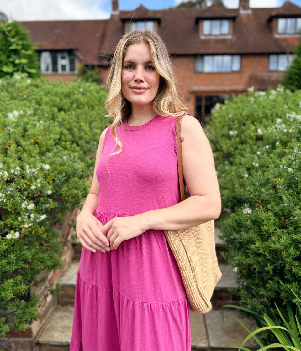 Pink Sleeveless Cotton Slub Jersey Tiered Midi Dress