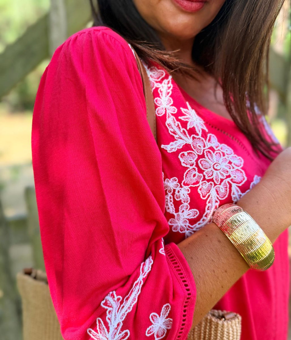 Raspberry Embroidered V Neck Top