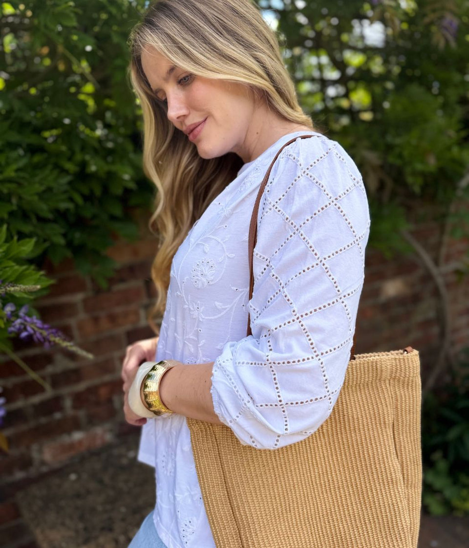 White Embroidered Contrast Long Sleeve Top