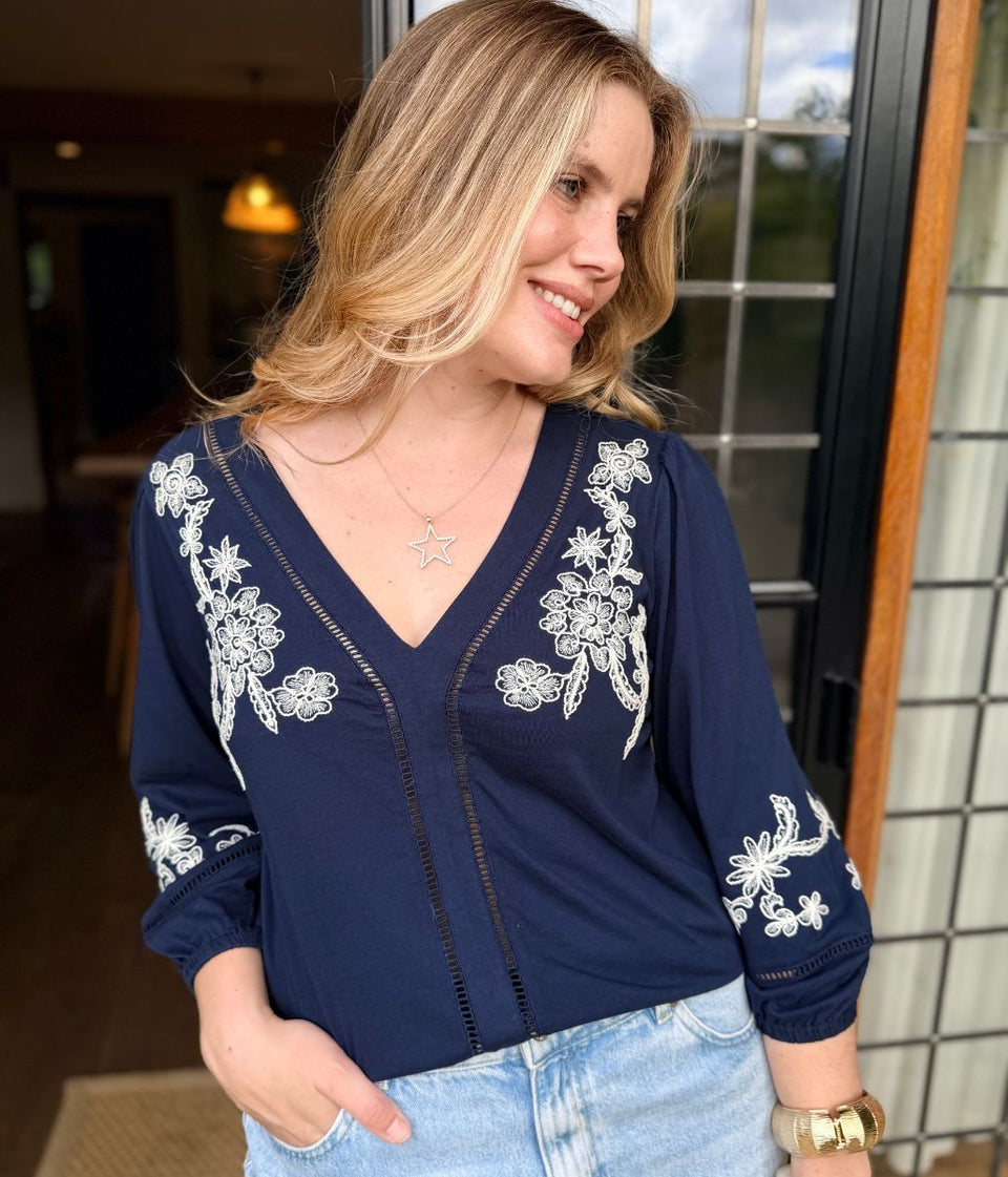 Navy Embroidered V Neck Top